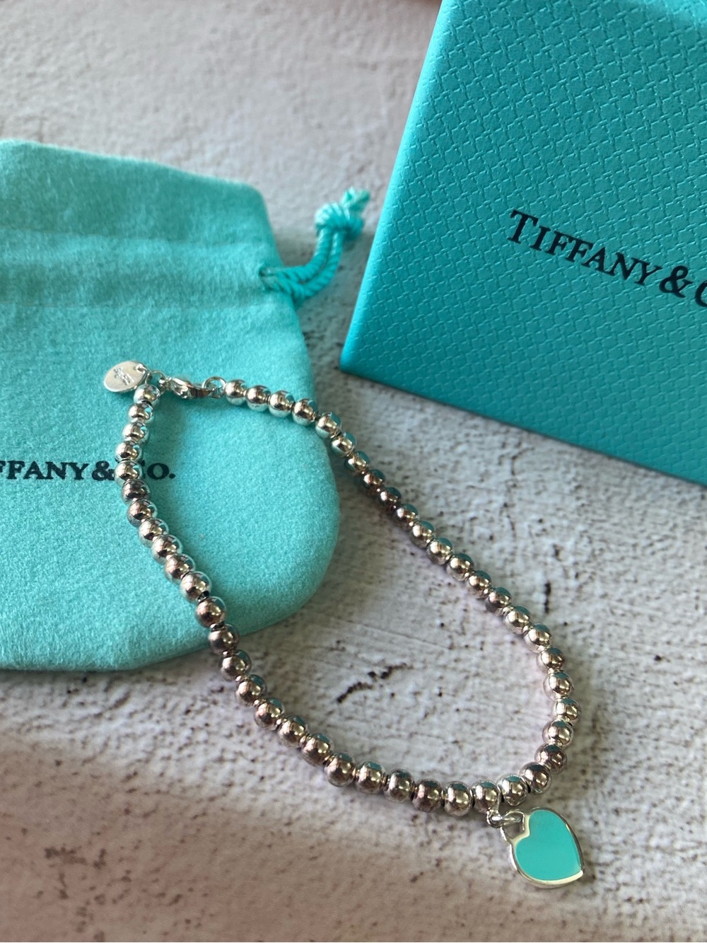Tiffany & Co. Silver Beaded Bracelet with Turquoise Heart Charm